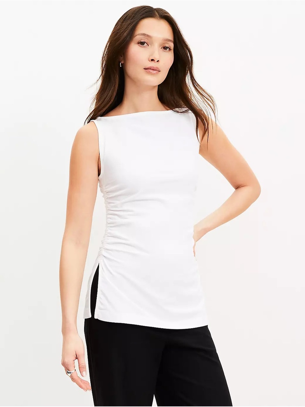 LOFT Ruched Side Slit Cotton Tank Top White XXS
